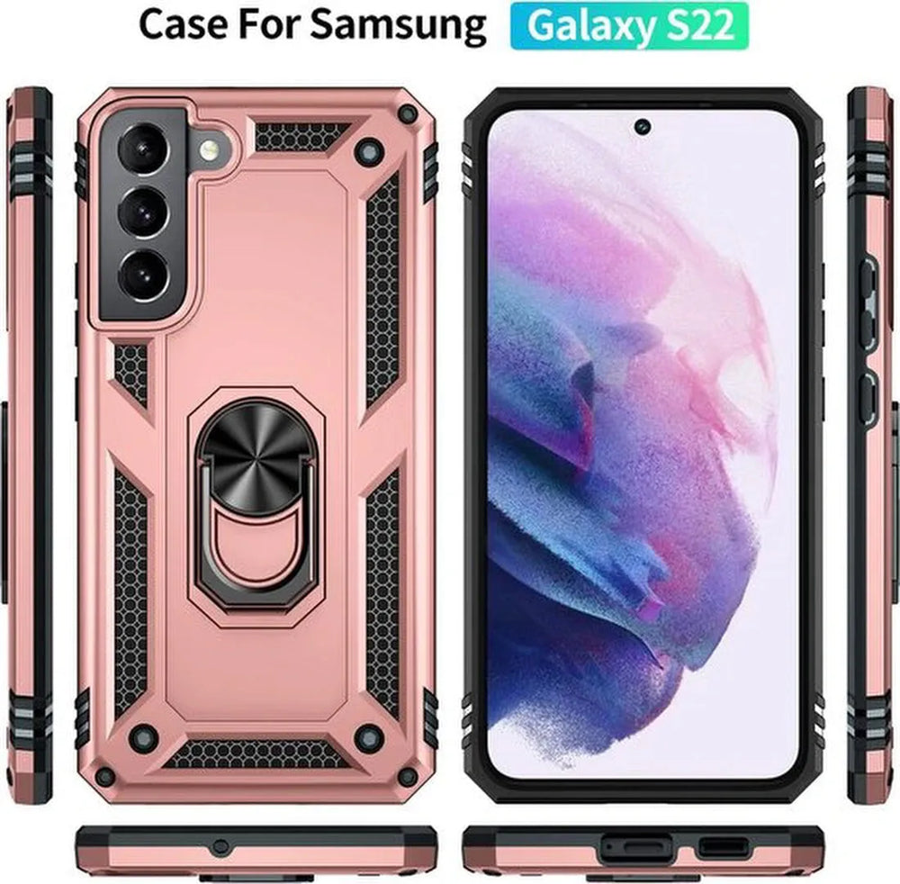 Samsung Galaxy S22 Hoesjes – Ring Armor Backcover – 360° Draaibare Standaard – Magneet – Roségoud-Ilumina Benelux