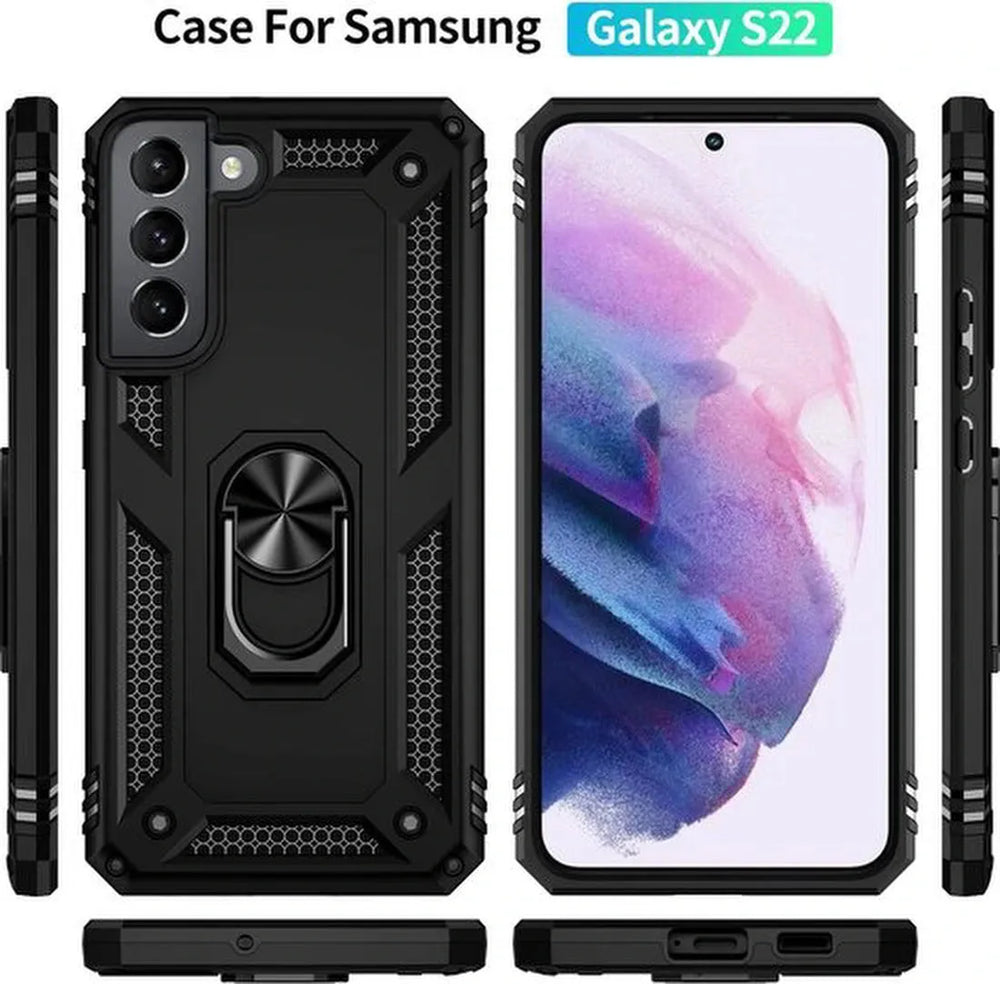 Samsung Galaxy S22 Hoesjes – Ring Armor Backcover – 360° Draaibare Standaard – Magneet – Zwart-Ilumina Benelux