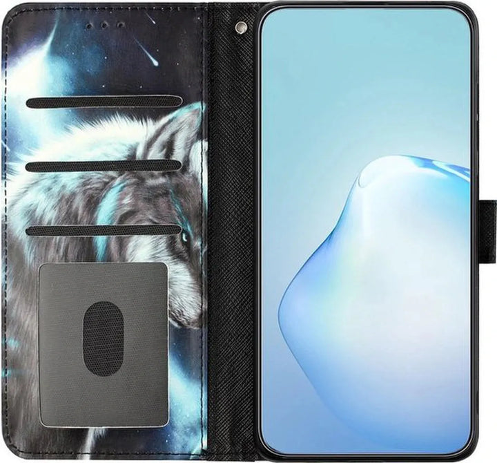 Samsung Galaxy S22 Ultra Hoesjes – Bookcase Portemonnee Hoes – Magneetsluiting – Lone Wolf Print-Ilumina Benelux