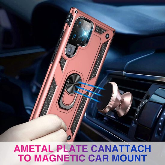 Samsung Galaxy S22 Ultra Hoesjes – Ring Armor Backcover – 360° Draaibare Standaard – Magneet – Roségoud-Ilumina Benelux