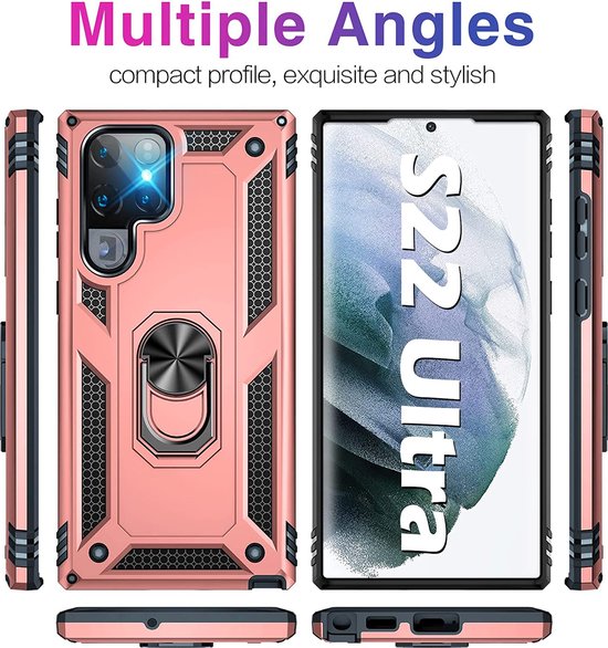 Samsung Galaxy S22 Ultra Hoesjes – Ring Armor Backcover – 360° Draaibare Standaard – Magneet – Roségoud-Ilumina Benelux