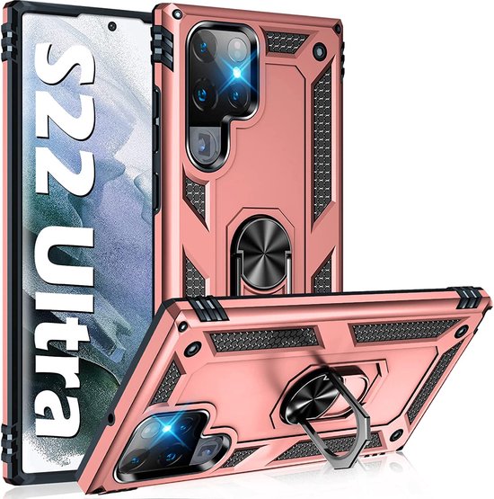 Samsung Galaxy S22 Ultra Hoesjes – Ring Armor Backcover – 360° Draaibare Standaard – Magneet – Roségoud-Ilumina Benelux