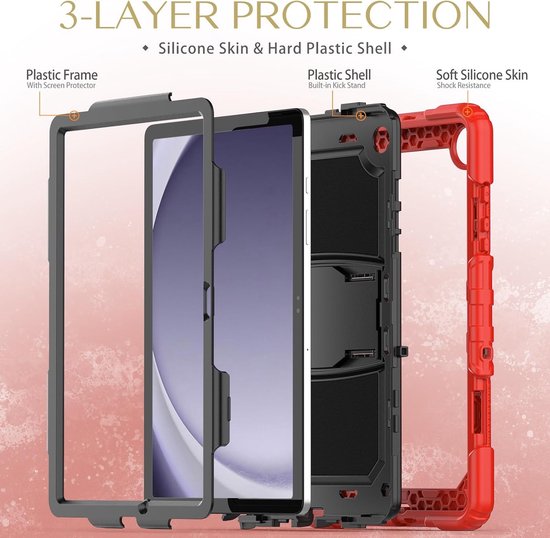 Samsung Galaxy Tab A9 Hoesjes – Schokbestendige Tablethoes – Penhouder – Ingebouwde Screenprotector & Standaard – Rood-Ilumina Benelux