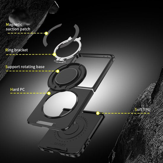 Samsung Galaxy Z Flip 7 Hoesjes – Hybrid Backcover – MagSafe Ringstandaard – Schokbestendig – Zwart-Ilumina Benelux