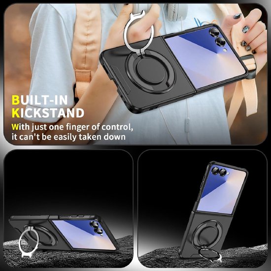 Samsung Galaxy Z Flip 7 Hoesjes – Hybrid Backcover – MagSafe Ringstandaard – Schokbestendig – Zwart-Ilumina Benelux
