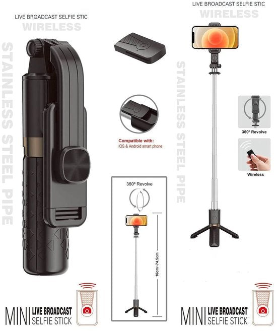 Selfie Stick Bluetooth – Tripod Statief – Met Afstandsbediening – Geschikt voor iPhone & Samsung – Zwart-Selfiesticks-Ilumina Benelux