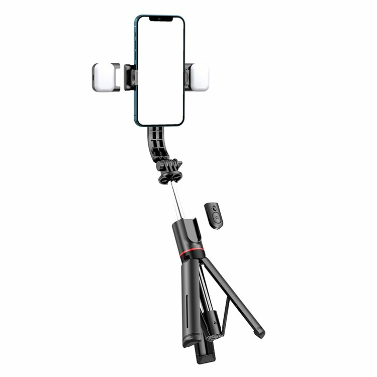 Selfie stick met statief – 1160mm uitschuifbaar – Dubbele LED vullamp dimbaar – Bluetooth afstandsbediening – Zwart-Selfiesticks-Ilumina Benelux