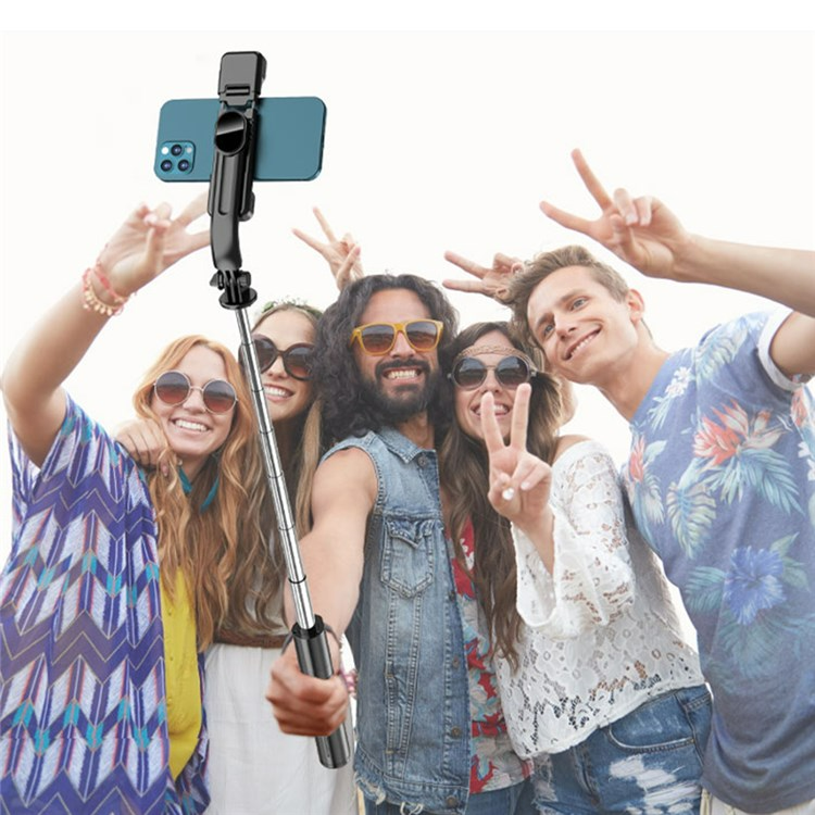 Selfie stick met statief – 1160mm uitschuifbaar – Dubbele LED vullamp dimbaar – Bluetooth afstandsbediening – Zwart-Selfiesticks-Ilumina Benelux