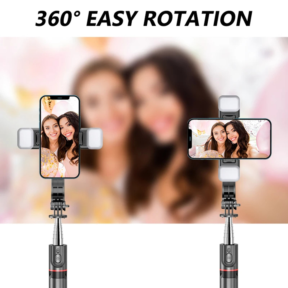 Selfie stick met statief – 1160mm uitschuifbaar – Dubbele LED vullamp dimbaar – Bluetooth afstandsbediening – Zwart-Selfiesticks-Ilumina Benelux