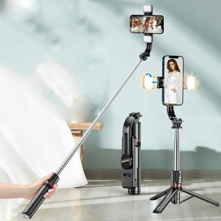 Selfie stick met statief – 1160mm uitschuifbaar – Dubbele LED vullamp dimbaar – Bluetooth afstandsbediening – Zwart-Selfiesticks-Ilumina Benelux