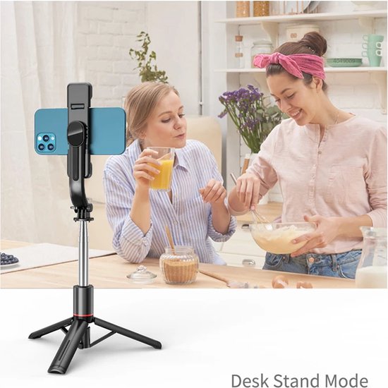 Selfie stick met statief – 1160mm uitschuifbaar – Dubbele LED vullamp dimbaar – Bluetooth afstandsbediening – Zwart