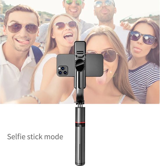 Selfie stick met statief – 1160mm uitschuifbaar – Dubbele LED vullamp dimbaar – Bluetooth afstandsbediening – Zwart-Selfiesticks-Ilumina Benelux