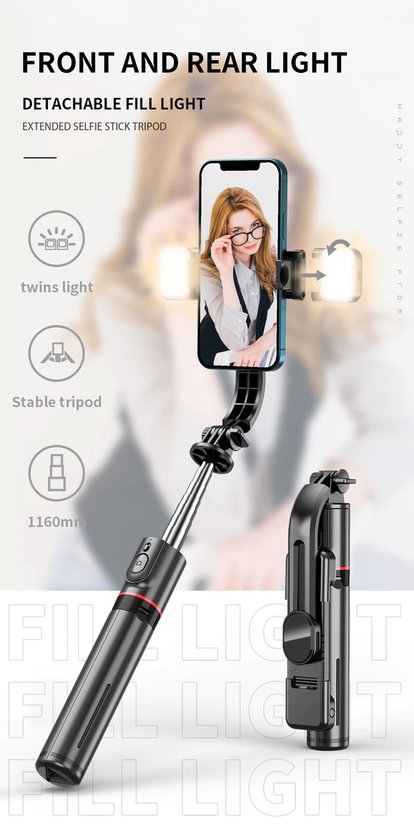 Selfie stick met statief – 1160mm uitschuifbaar – Dubbele LED vullamp dimbaar – Bluetooth afstandsbediening – Zwart-Selfiesticks-Ilumina Benelux