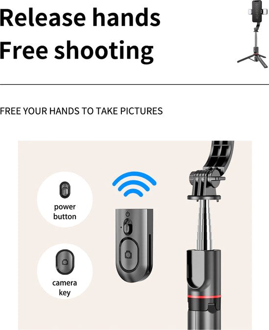 Selfie stick met statief – 1160mm uitschuifbaar – Dubbele LED vullamp dimbaar – Bluetooth afstandsbediening – Zwart-Selfiesticks-Ilumina Benelux