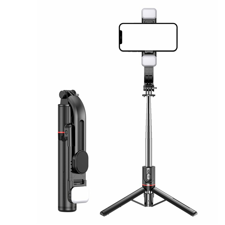 Selfie stick met statief – 1160mm uitschuifbaar – Dubbele LED vullamp dimbaar – Bluetooth afstandsbediening – Zwart-Selfiesticks-Ilumina Benelux