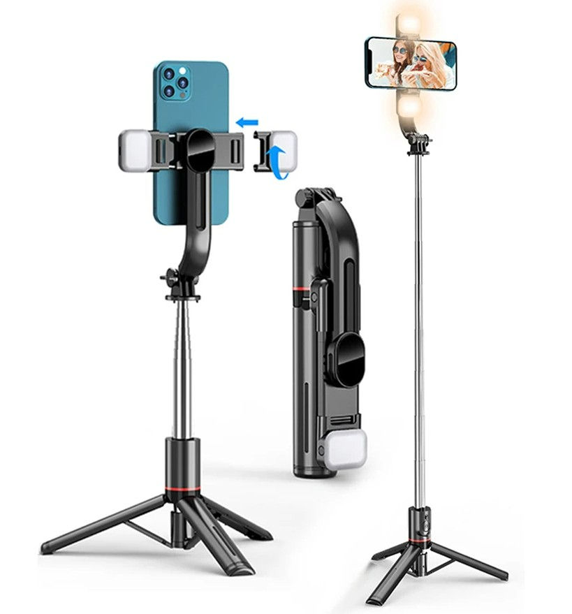 Selfie stick met statief – 1160mm uitschuifbaar – Dubbele LED vullamp dimbaar – Bluetooth afstandsbediening – Zwart-Selfiesticks-Ilumina Benelux