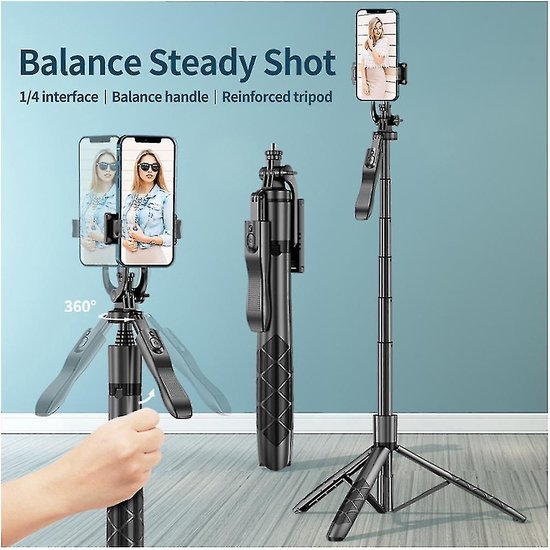 Selfie Stick Statief – Bluetooth Afstandsbediening – 153 cm Verstelbaar – 2-in-1 Gimbal Stabilizer – Geschikt voor Smartphone GoPro Camera – Zwart-Selfiesticks-Ilumina Benelux