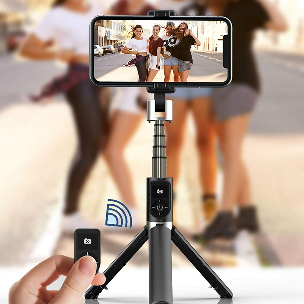 Selfie stick statief – Bluetooth – Aluminium intrekbaar 80cm – Afstandsbediening – 360° rotatie – Zwart-Selfiesticks-Ilumina Benelux
