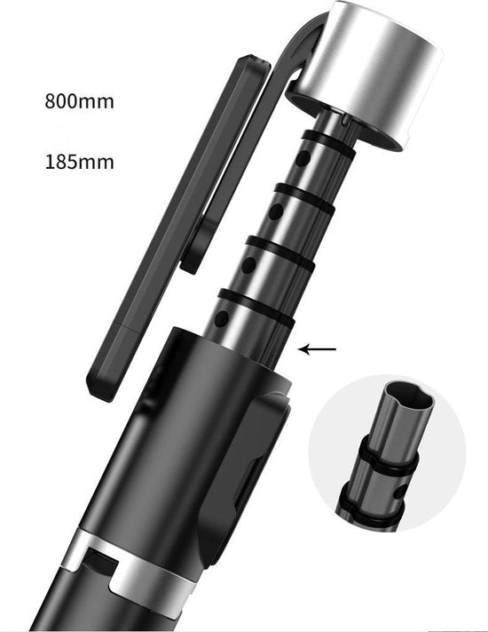 Selfie stick statief – Bluetooth – Aluminium intrekbaar 80cm – Afstandsbediening – 360° rotatie – Zwart-Selfiesticks-Ilumina Benelux