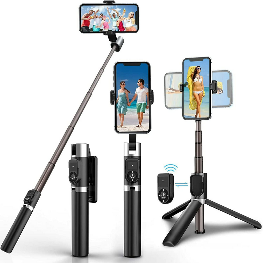 Selfie stick statief – Bluetooth – Aluminium intrekbaar 80cm – Afstandsbediening – 360° rotatie – Zwart-Selfiesticks-Ilumina Benelux