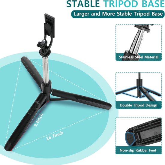 Selfie Stick Statief – Met Afstandsbediening – 62 Inch Uitschuifbaar – Voor Telefoon & GoPro – Zwart-Selfiesticks-Ilumina Benelux