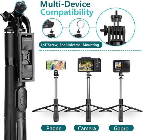Selfie Stick Statief – Met Afstandsbediening – 62 Inch Uitschuifbaar – Voor Telefoon & GoPro – Zwart-Selfiesticks-Ilumina Benelux