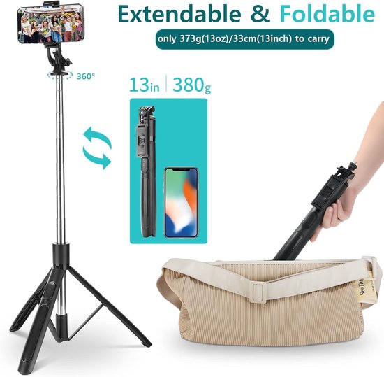 Selfie Stick Statief – Met Afstandsbediening – 62 Inch Uitschuifbaar – Voor Telefoon & GoPro – Zwart-Selfiesticks-Ilumina Benelux
