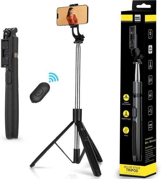 Selfie Stick Statief – Met Afstandsbediening – 62 Inch Uitschuifbaar – Voor Telefoon & GoPro – Zwart-Selfiesticks-Ilumina Benelux