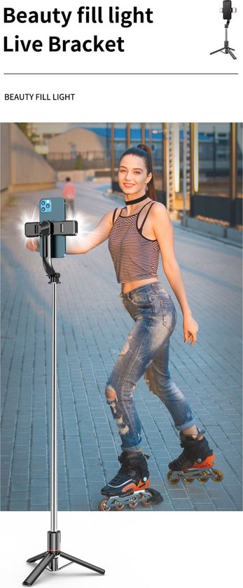 Selfie Stick Tripod – Bluetooth Afstandsbediening – LED Licht – 360° Rotatie – Geschikt voor iPhone & Samsung – Zwart-Selfiesticks-Ilumina Benelux