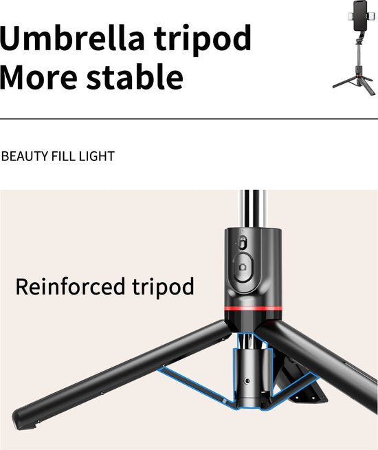 Selfie Stick Tripod – Bluetooth Afstandsbediening – LED Licht – 360° Rotatie – Geschikt voor iPhone & Samsung – Zwart-Selfiesticks-Ilumina Benelux