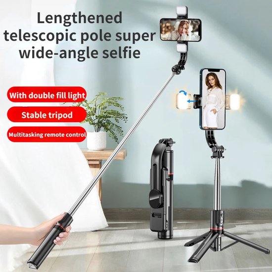 Selfie Stick Tripod – Bluetooth Afstandsbediening – LED Licht – 360° Rotatie – Geschikt voor iPhone & Samsung – Zwart-Selfiesticks-Ilumina Benelux
