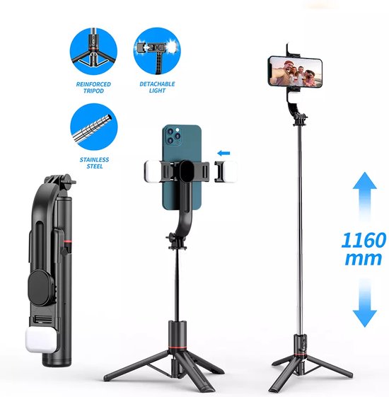 Selfie Stick Tripod – Bluetooth Afstandsbediening – LED Licht – 360° Rotatie – Geschikt voor iPhone & Samsung – Zwart-Selfiesticks-Ilumina Benelux