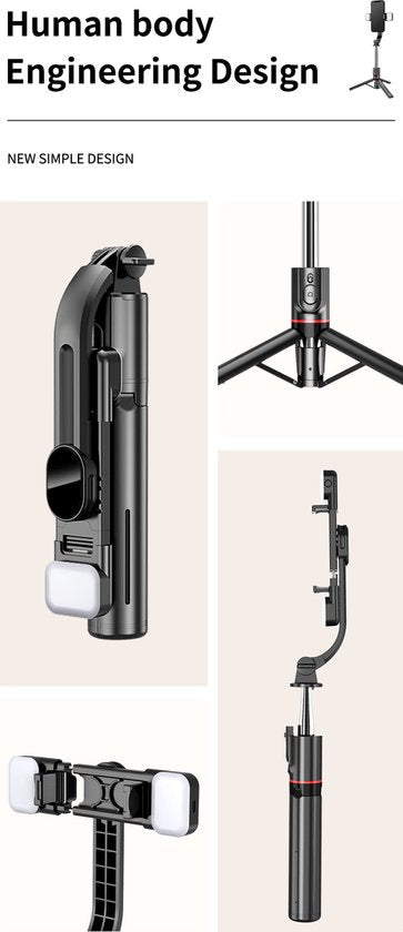 Selfie Stick Tripod – Bluetooth Afstandsbediening – LED Licht – 360° Rotatie – Geschikt voor iPhone & Samsung – Zwart-Selfiesticks-Ilumina Benelux