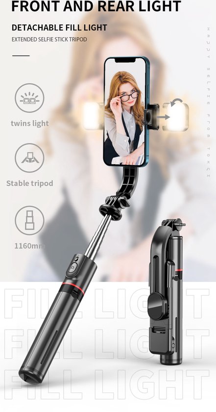Selfie Stick Tripod – Bluetooth Afstandsbediening – LED Licht – 360° Rotatie – Geschikt voor iPhone & Samsung – Zwart-Selfiesticks-Ilumina Benelux