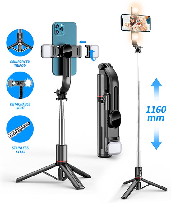 Selfie Stick Tripod – Bluetooth Afstandsbediening – LED Licht – 360° Rotatie – Geschikt voor iPhone & Samsung – Zwart