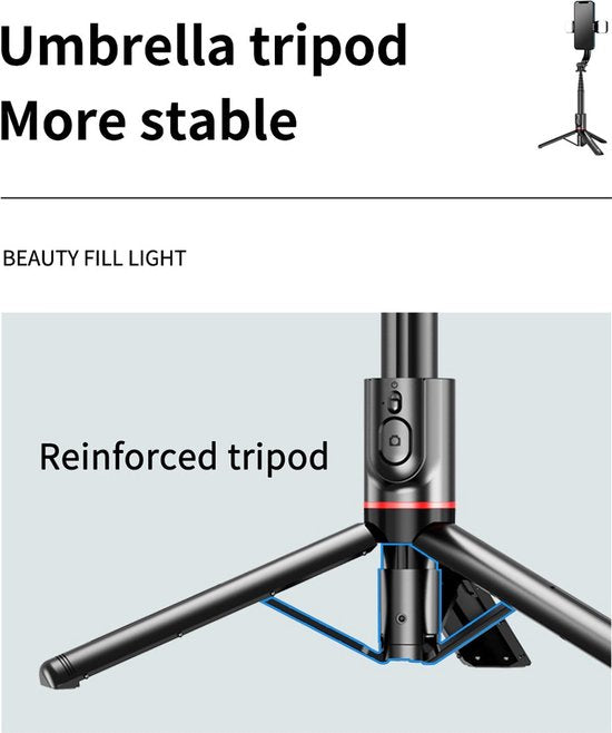 Selfie Stick Tripod – Smartphone Statief – Lichtfunctie – 360° Rotatie – Bluetooth Afstandsbediening – Zwart-Selfiesticks-Ilumina Benelux