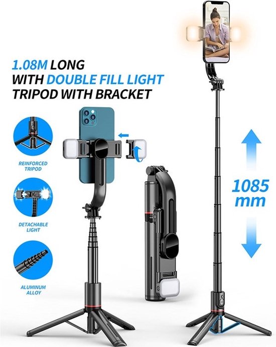 Selfie Stick Tripod – Smartphone Statief – Lichtfunctie – 360° Rotatie – Bluetooth Afstandsbediening – Zwart-Selfiesticks-Ilumina Benelux