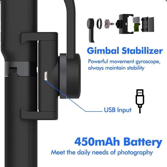Selfiestick voor smartphone – 3-in-1 Gimbal Stabilizer – Bluetooth Afstandsbediening – Anti-Shake Statief – Opvouwbaar Zwart