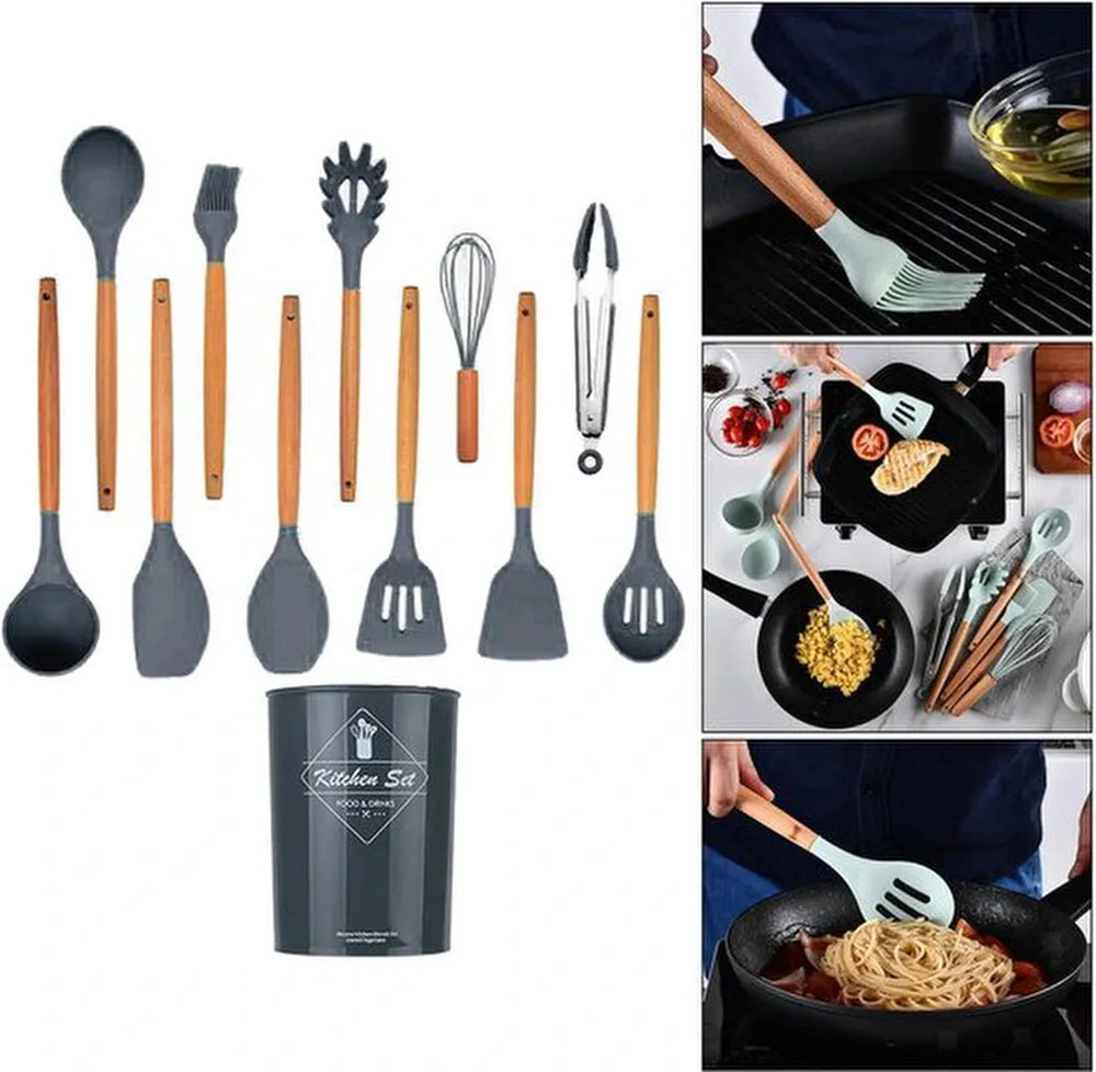 Siliconen keukengerei set – 12-delig spatels, garde & roerspatel – BPA-vrij – Ophangbaar – Houten steel – Krumble-Kookgerei set-Ilumina Benelux