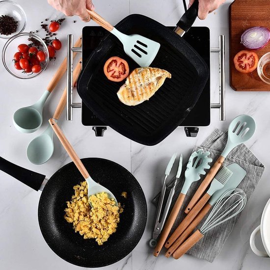 Siliconen keukengerei set – 12-delig spatels, garde & roerspatel – BPA-vrij – Ophangbaar – Houten steel – Krumble-Kookgerei set-Ilumina Benelux