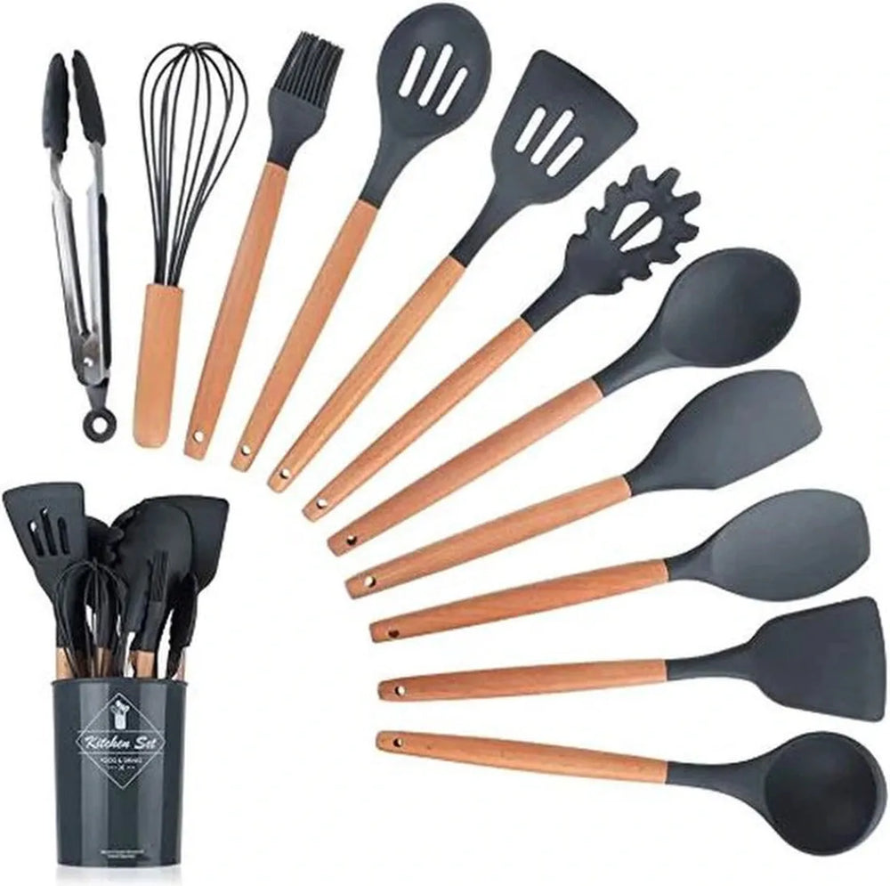 Siliconen keukengerei set – 12-delig spatels, garde & roerspatel – BPA-vrij – Ophangbaar – Houten steel – Krumble-Kookgerei set-Ilumina Benelux