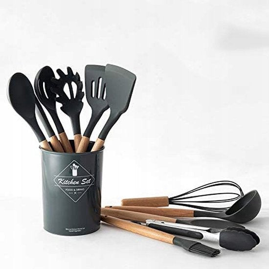 Siliconen keukengerei set – 12-delig spatels, garde & roerspatel – BPA-vrij – Ophangbaar – Houten steel – Krumble-Kookgerei set-Ilumina Benelux