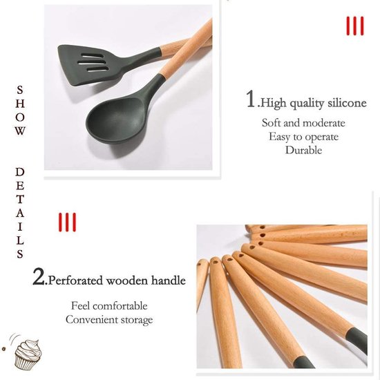 Siliconen keukengerei set – 12-delig spatels, garde & roerspatel – BPA-vrij – Ophangbaar – Houten steel – Krumble-Kookgerei set-Ilumina Benelux