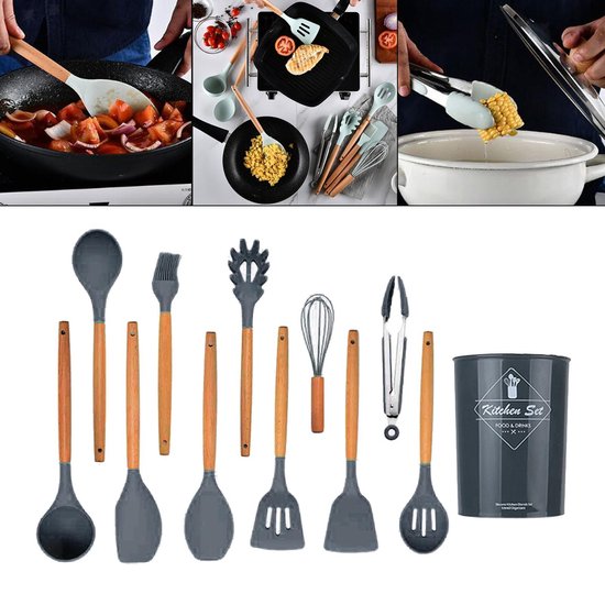 Siliconen keukengerei set – 12-delig spatels, garde & roerspatel – BPA-vrij – Ophangbaar – Houten steel – Krumble-Kookgerei set-Ilumina Benelux