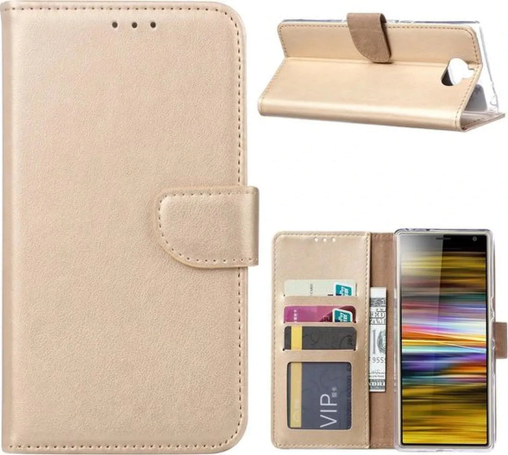 Sony Xperia 10 Plus Hoesjes – Bookcase Portemonnee Hoes – Pasjeshouder – Magneetsluiting – Goud-Ilumina Benelux