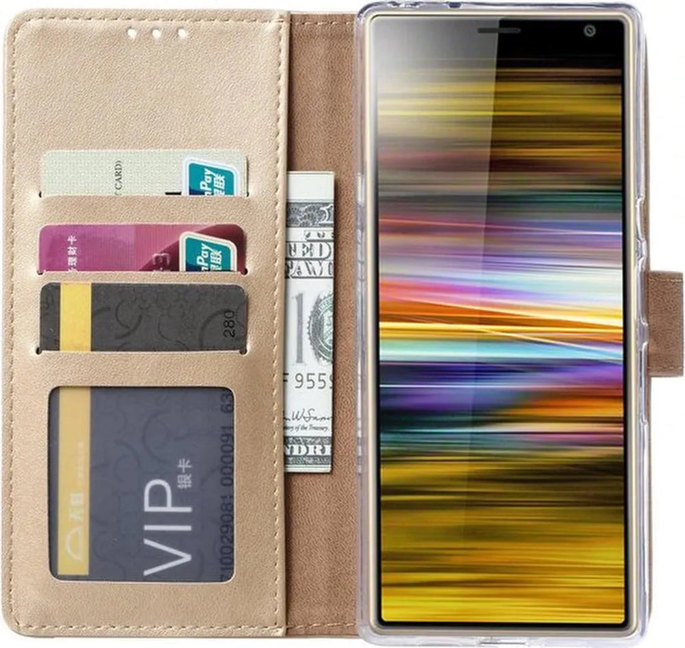 Sony Xperia 10 Plus Hoesjes – Bookcase Portemonnee Hoes – Pasjeshouder – Magneetsluiting – Goud-Ilumina Benelux
