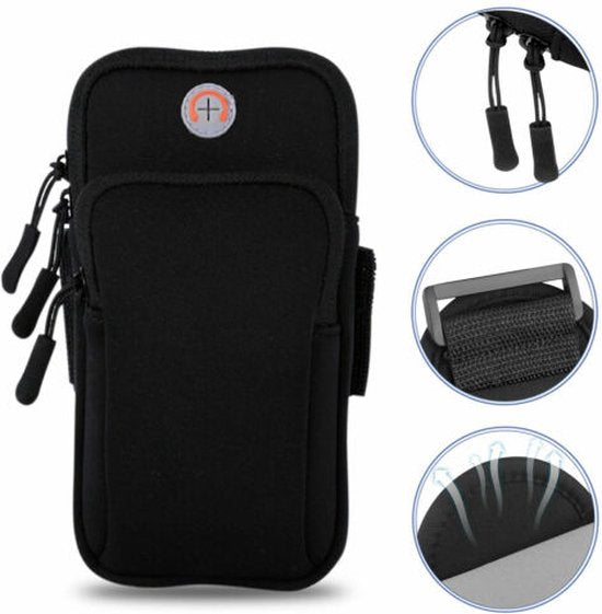 Sportarmband telefoon – Met sleutelvak & oordopjesvak – Verstelbaar – Voor hardlopen fitness – Zwart-Ilumina Benelux