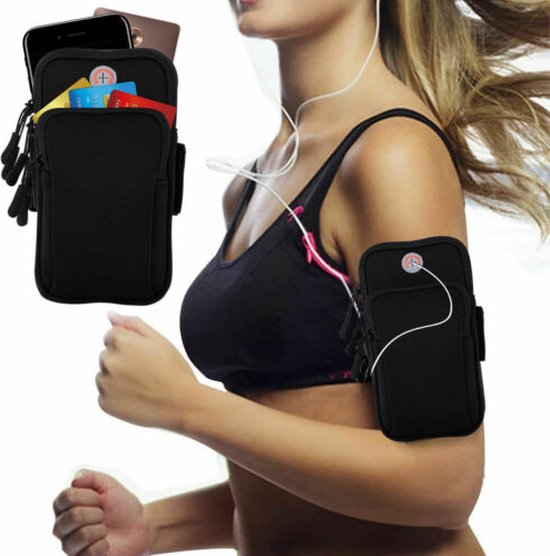 Sportarmband telefoon – Met sleutelvak & oordopjesvak – Verstelbaar – Voor hardlopen fitness – Zwart-Ilumina Benelux