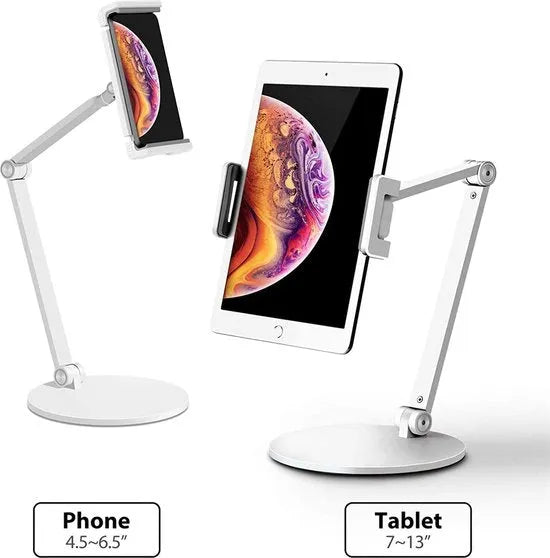 Tablethouder bureau – Universele tablet- en smartphone standaard – Verstelbaar – Voor tafel/keuken/werkplaats – Zilver-Ilumina Benelux