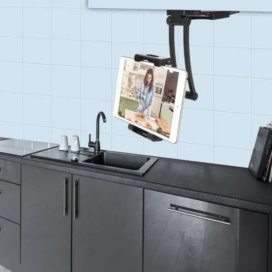 Tablethouder keuken – 2-in-1 muur & bureau – Verstelbaar opvouwbaar – 4,7-13 inch iPad/Samsung – Zwart-Ilumina Benelux